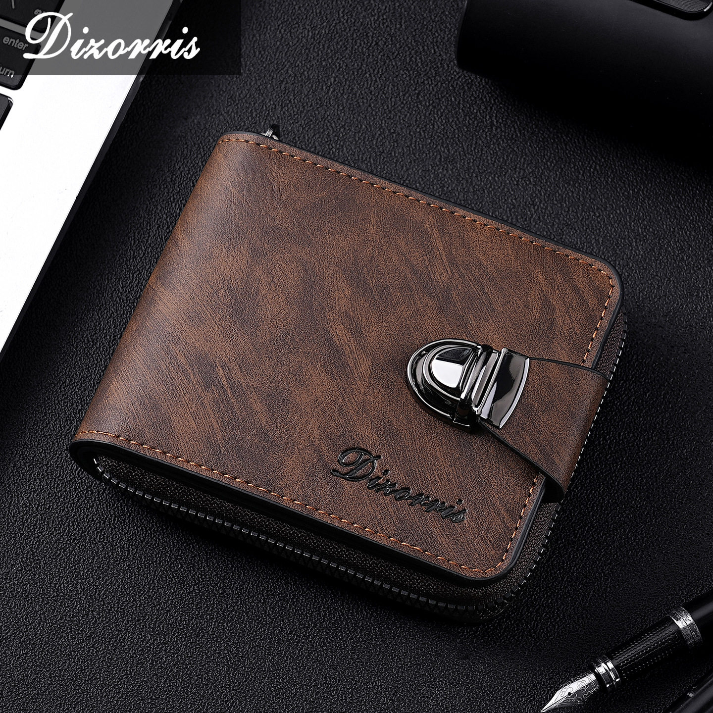 Cross-Border Men's Wallet, Short Zipper Bag, Large Capacity, Multiple Card Slots, Small Clutch Bag, Business Retro Coin Purse